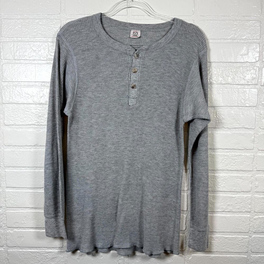 J.E Morgan Long Johns Top Men XL 46-48 Gray Waffle-Knit Thermal Henley Neck Cozy